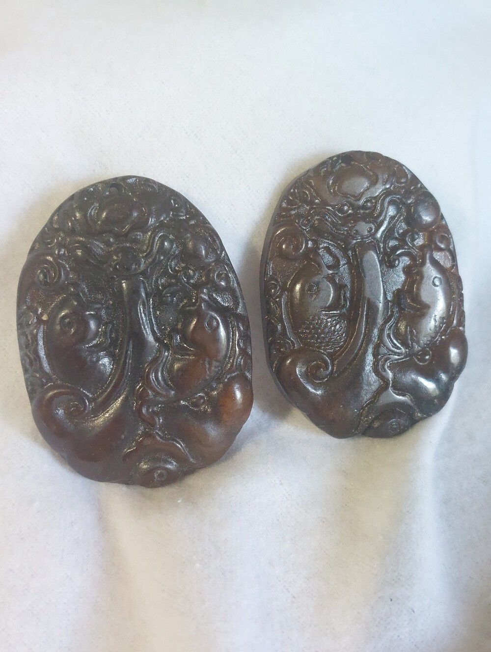Vintage Hand Carved Dark Stone Medallions Twin Fish Symbol Statement Pendants